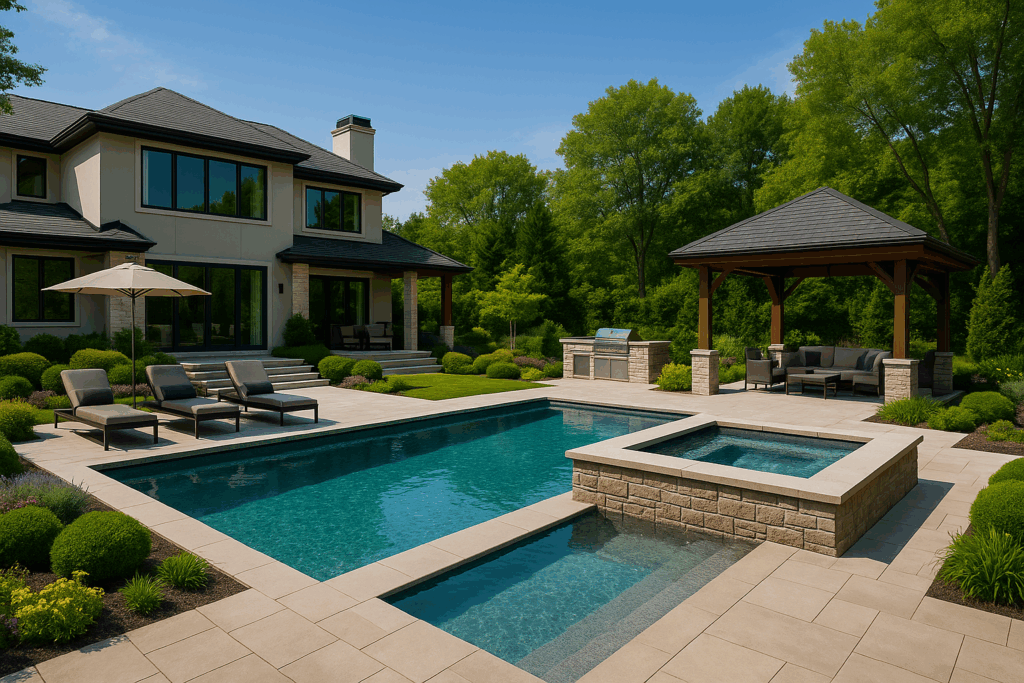 Luxury backyard with a pool, hot tub, gazebo, outdoor kitchen, and modern landscaping by custom home builders in Edmonton