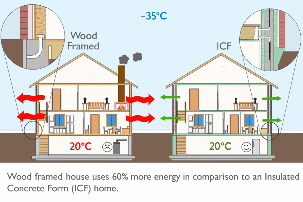 Energy efficiency comparison between wood-framed and Insulated Concrete Form (ICF) homes in extreme cold, highlighting benefits from custom home builders in Edmonton