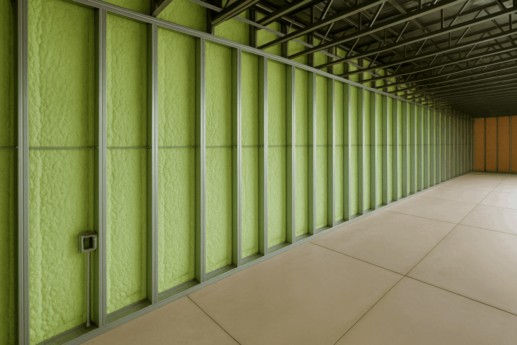 Steel-framed wall with green spray foam insulation installed by custom home builders in Edmonton for energy efficiency