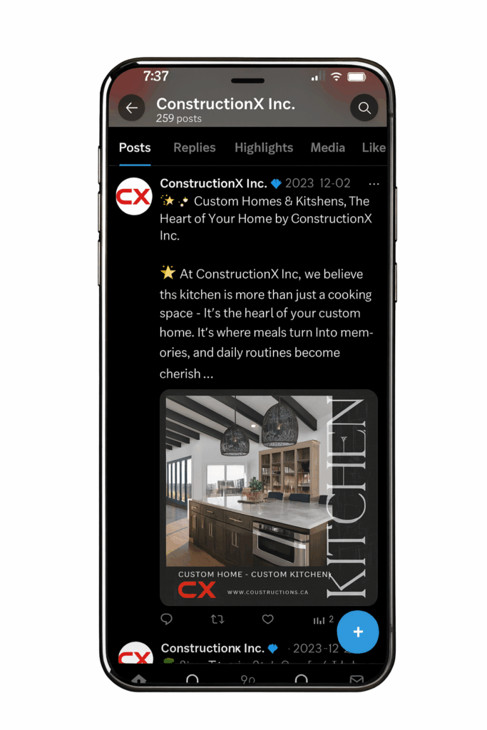 Smartphone screen showing a social media post from ConstructionX Inc. highlighting custom kitchens and homes built by custom home builders in Edmonton