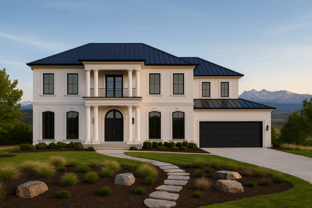 Modern Colonial-style custom home by Custom Home Builders in Calgary, ConstructionX, with mountain views and elevated prairie landscaping.