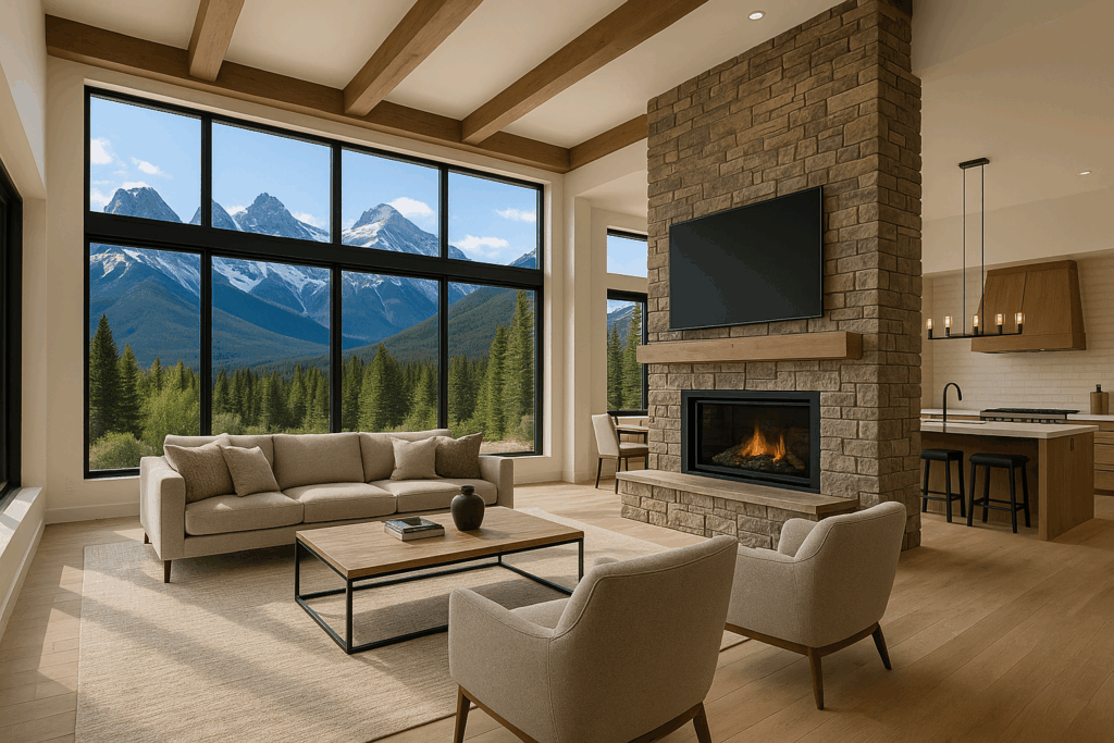 Luxury Banff living room with mountain views, designed by ConstructionX – Custom Home Builders in Banff