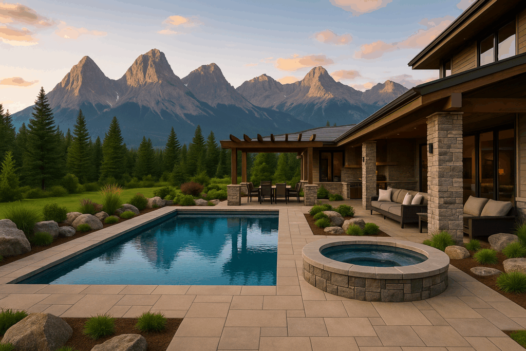 Luxury Banff backyard with pool and mountain views by ConstructionX – Custom Home Builders in Banff