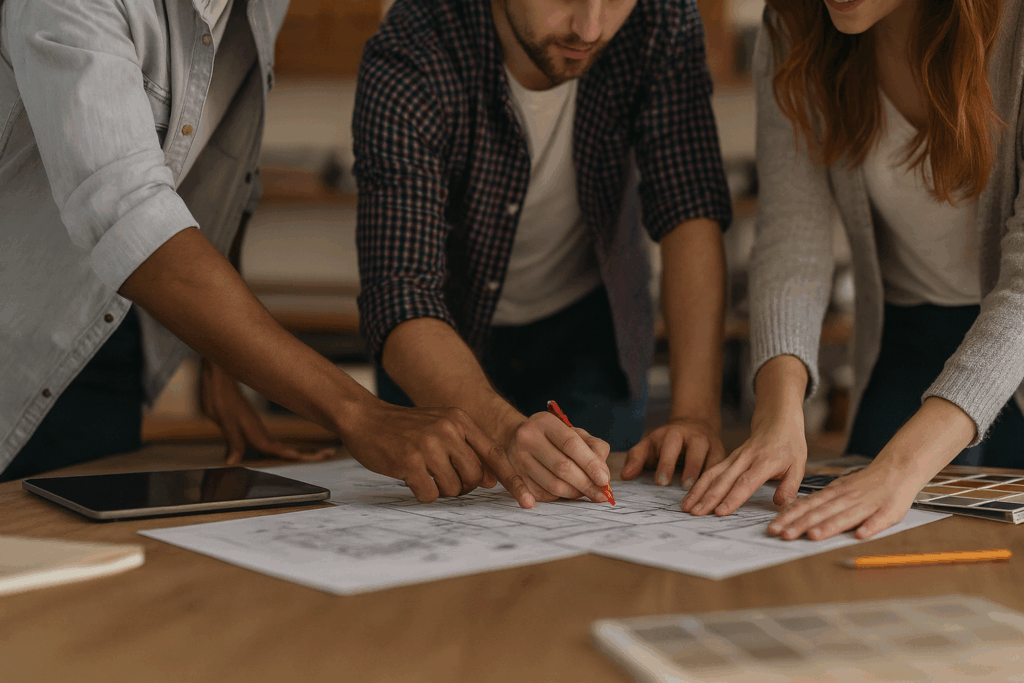 Construction team reviewing blueprints — Custom Home Builders in Alberta