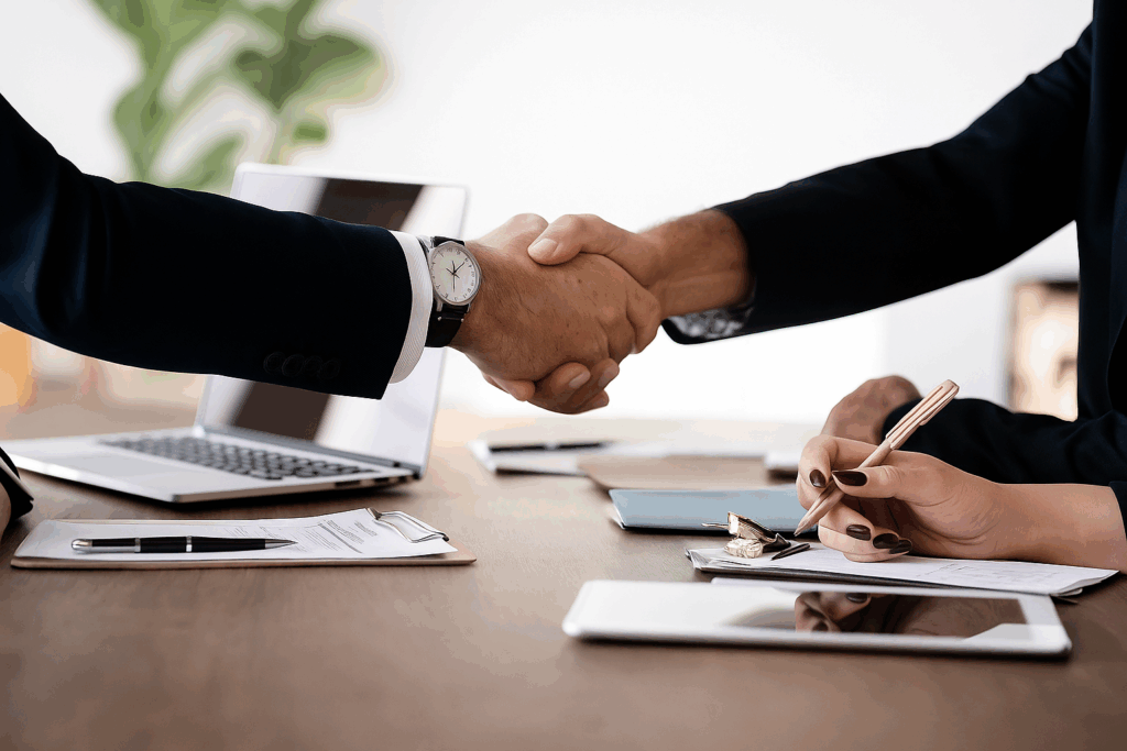 Business partnership handshake at ConstructionX — Custom Home Builders in Canmore