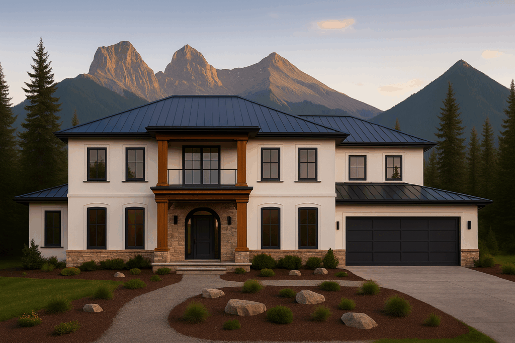 Luxury custom estate in Canmore with mountain backdrop by Custom Home Builders in Canmore