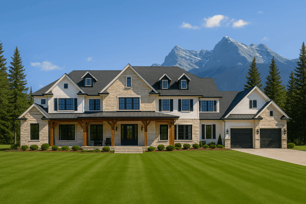 Luxury mountain estate home in Canmore with stone and wood finishes, designed by Custom Home Builders in Canmore