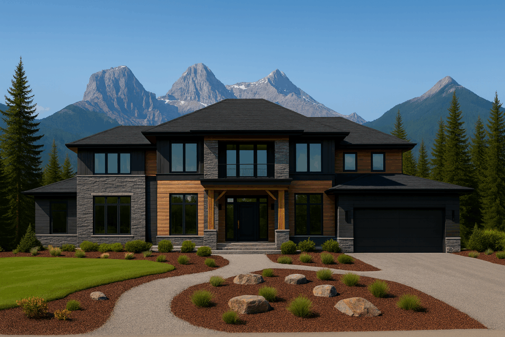 Modern luxury home in Canmore with wood and stone exterior, built by Custom Home Builders in Canmore