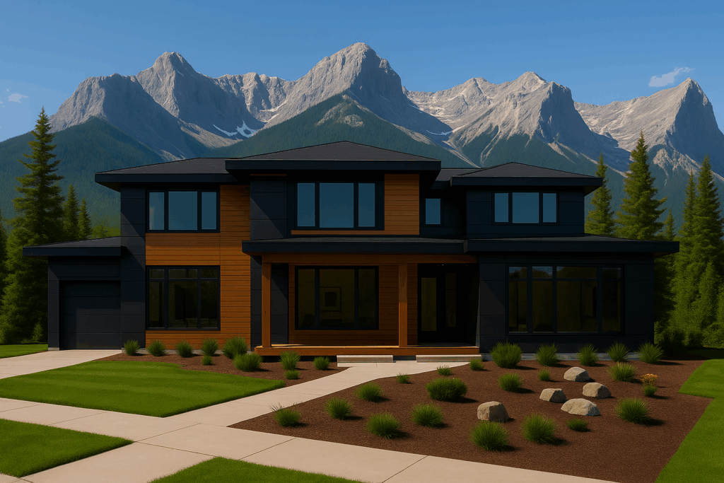 Contemporary mountain home in Canmore with wood and black panel exterior, built by Custom Home Builders in Canmore