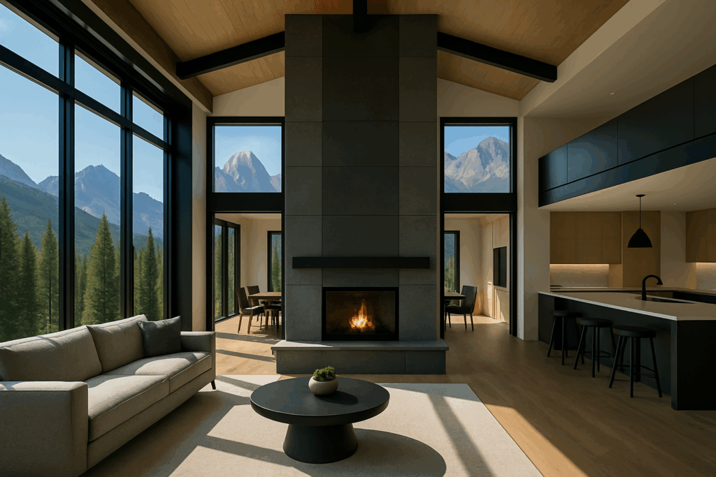 Modern luxury living room in Canmore with mountain views — Custom Home Builders in Canmore