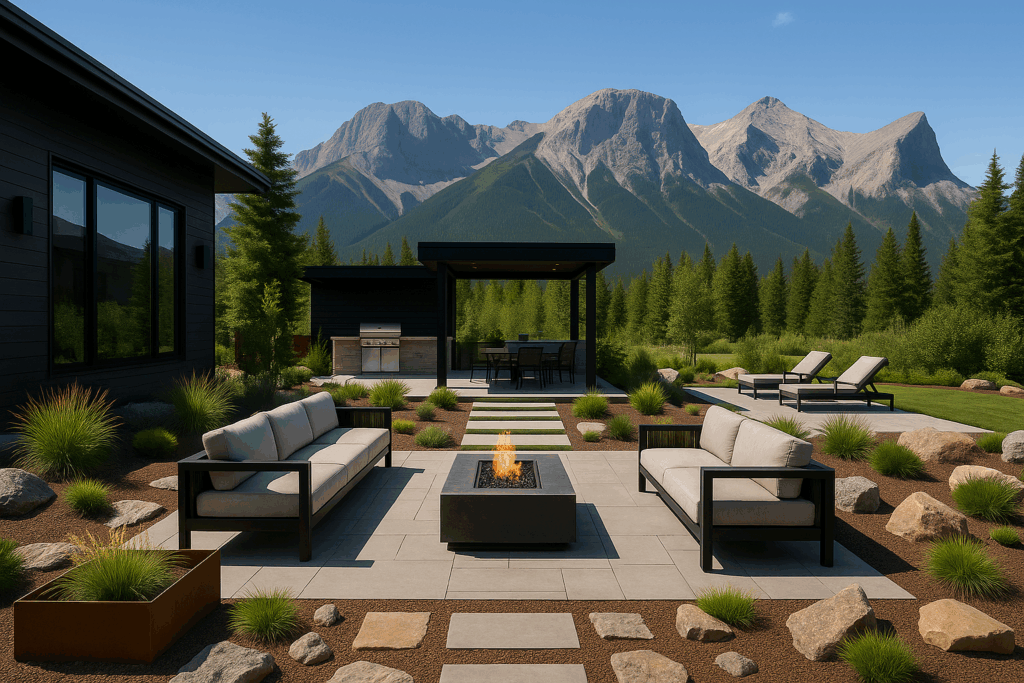 Modern outdoor living space in Canmore with fire pit and mountain views — Custom Home Builders in Canmore