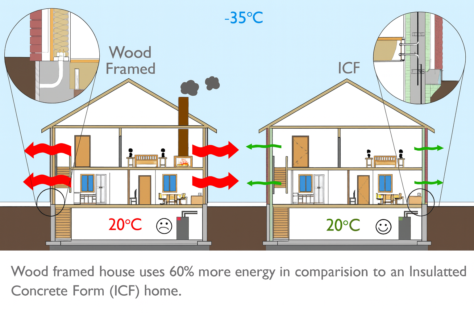 Infographic comparing ICF homes and wood-framed homes for energy efficiency, created by ConstructionX, Custom Home Builders in Canmore.