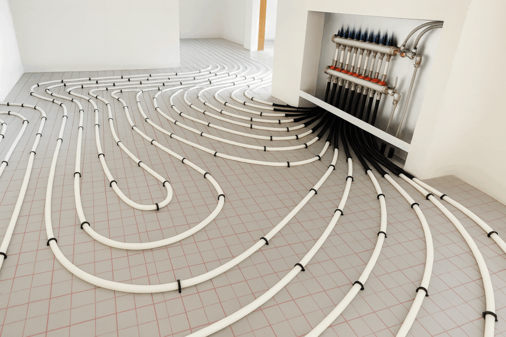 Radiant floor heating installation in progress by Custom Home Builders in Canmore