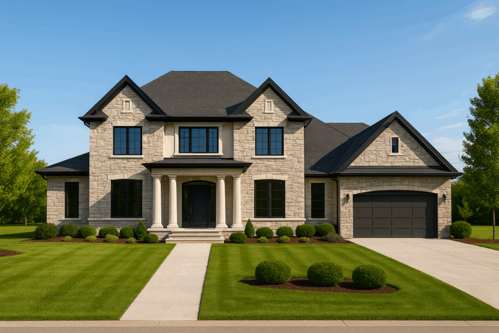 Elegant stone custom estate home in Lethbridge with black roof — ConstructionX, Custom Home Builders in Lethbridge