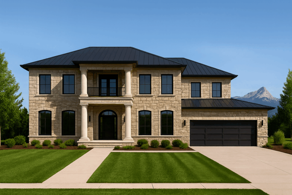 Luxury custom home in Lethbridge with stone exterior and black roof — ConstructionX, Custom Home Builders in Lethbridge
