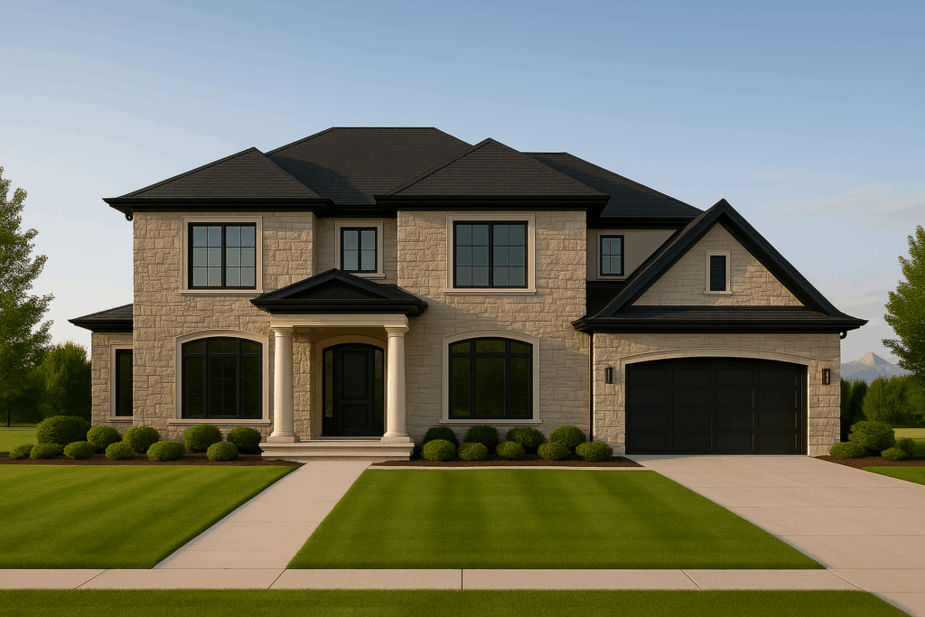 Executive 4000 sq ft stone custom home in Lethbridge with black roof and accents — ConstructionX, Custom Home Builders in Lethbridge