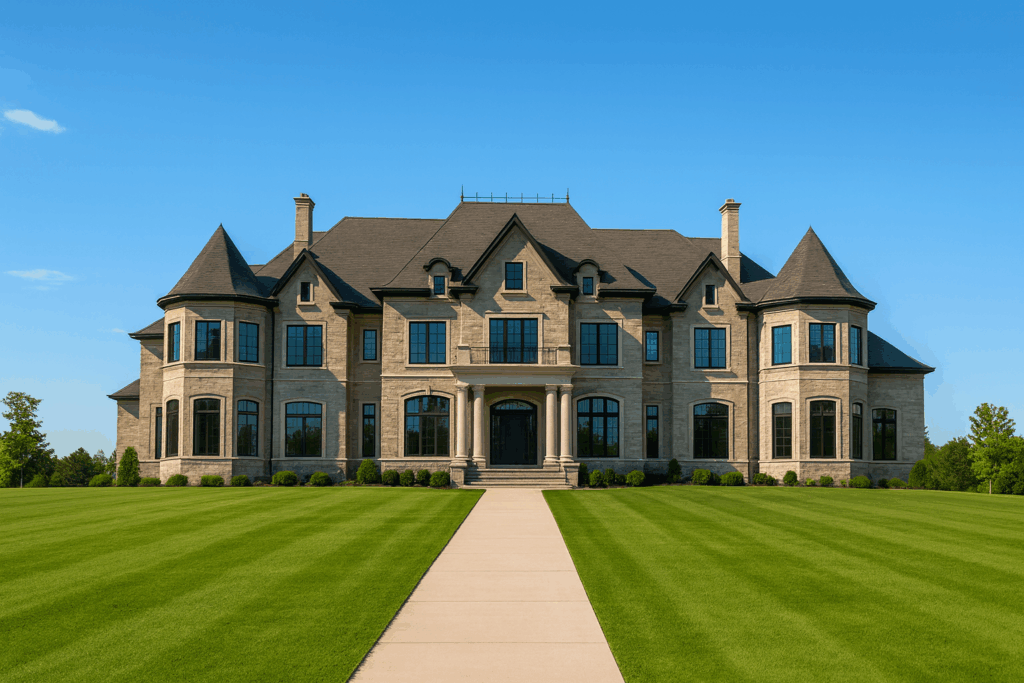 Grand luxury estate home in Lethbridge with stone exterior and turrets — ConstructionX, Custom Home Builders in Lethbridge