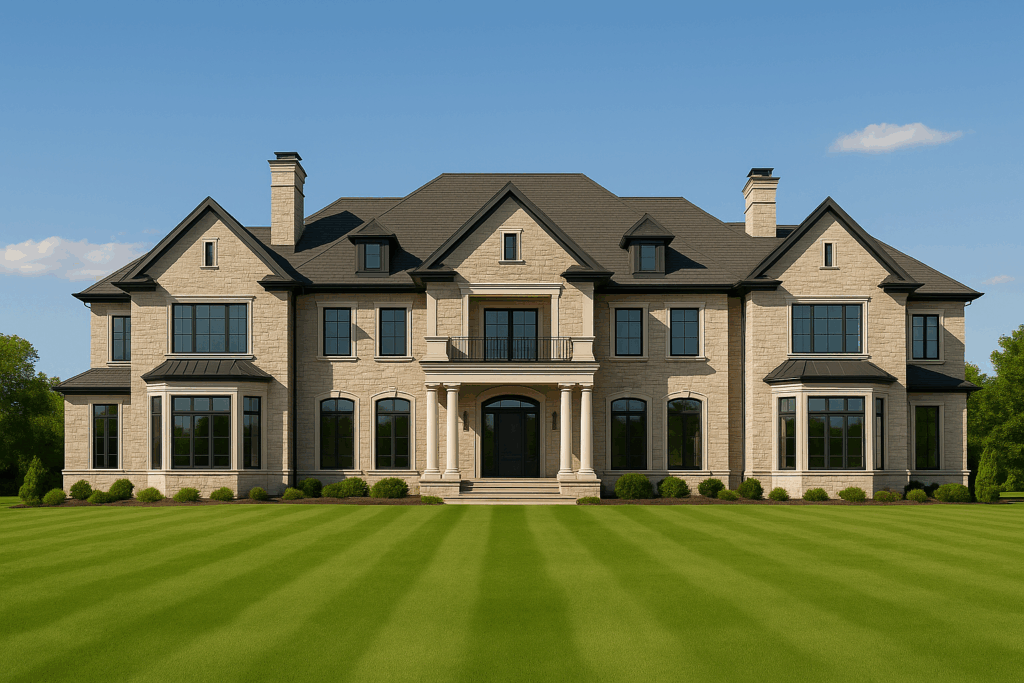 Stately 10,000 sq ft luxury estate home in Lethbridge with stone exterior and grand symmetry — ConstructionX, Custom Home Builders in Lethbridge