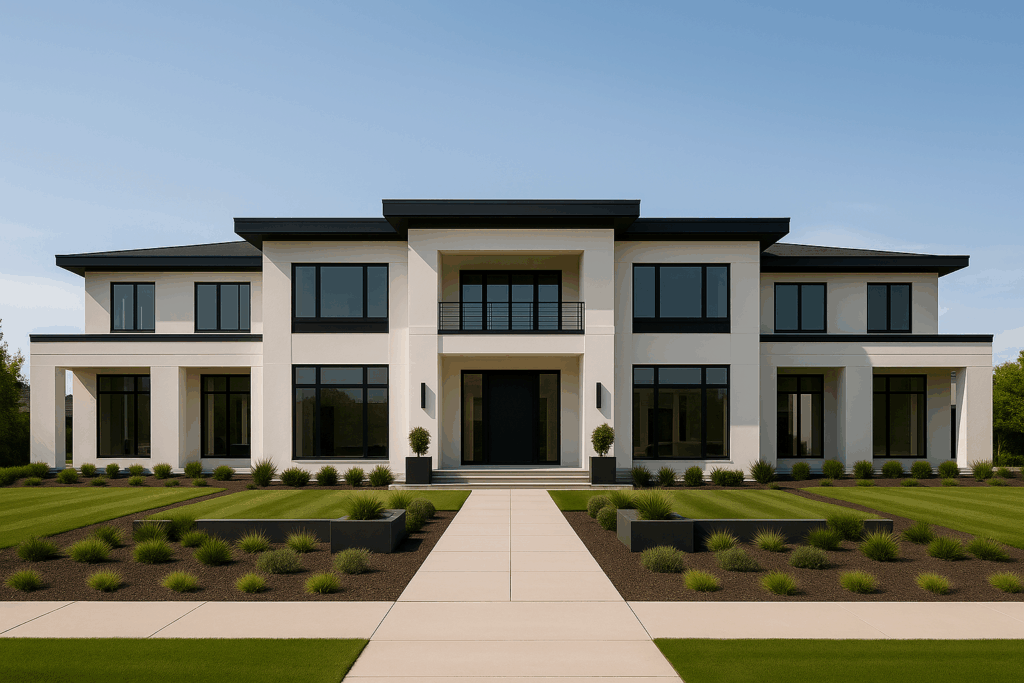 12,500 sq ft contemporary mansion in Lethbridge with flat roof, white facade, and black accents — ConstructionX, Custom Home Builders in Lethbridge