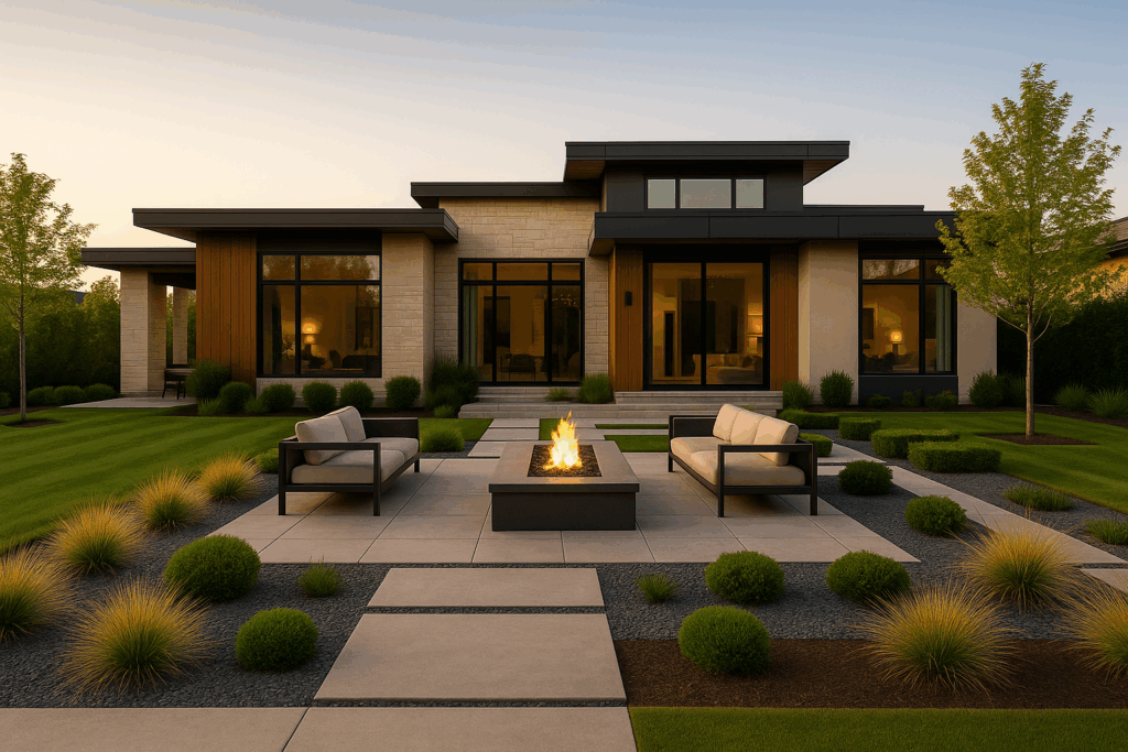Contemporary backyard landscape design in Lethbridge with fire pit and modern patio — ConstructionX, Custom Home Builders in Lethbridge
