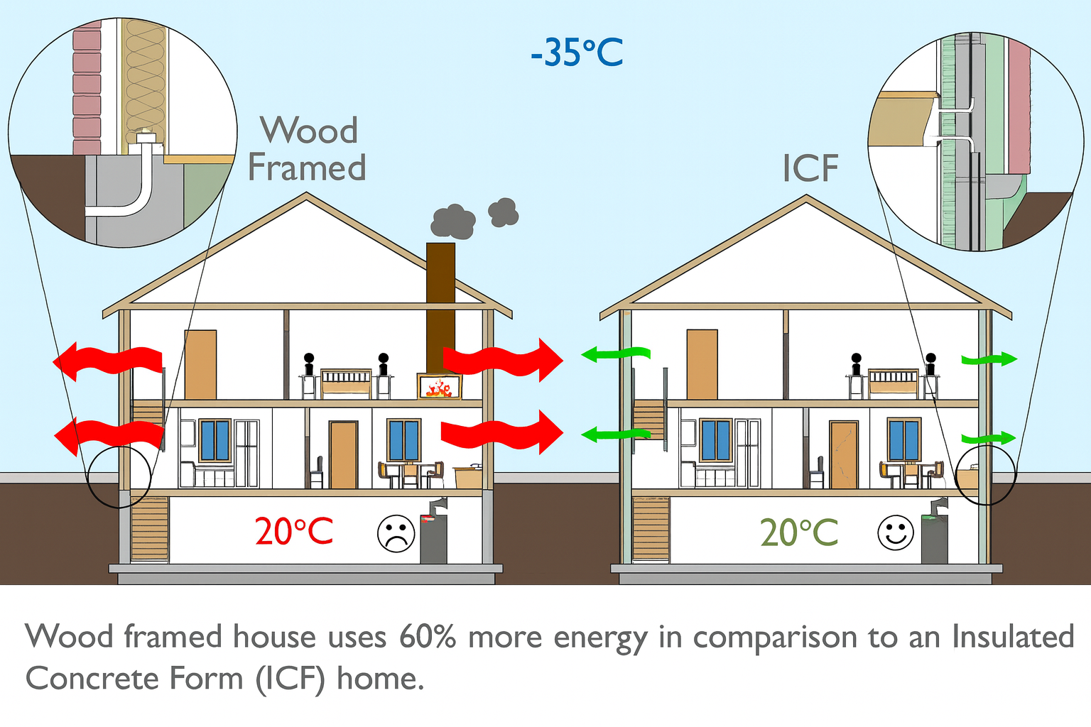 ICF vs wood frame home energy efficiency comparison at -35°C — ConstructionX Custom Home Builders in Bragg Creek