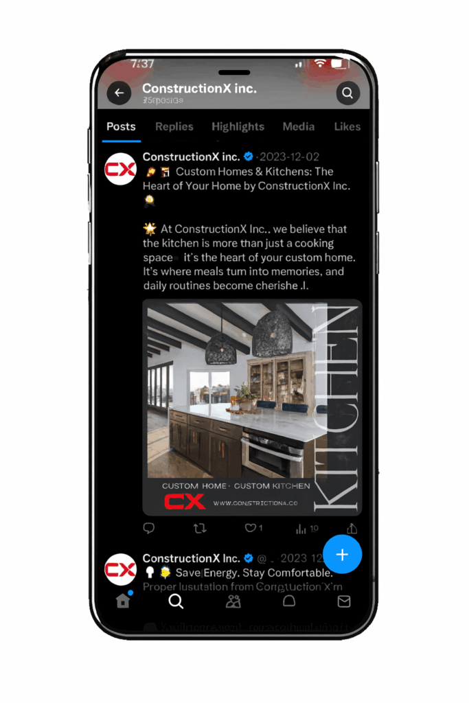 ConstructionX social media post on smartphone showcasing kitchen design — Custom Home Builders in Bragg Creek