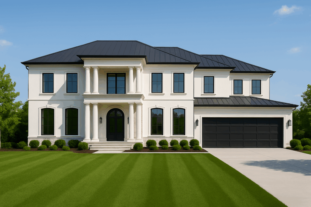 Luxury two-story custom home in Bragg Creek with white facade and black accents — ConstructionX, Custom Home Builders in Bragg Creek