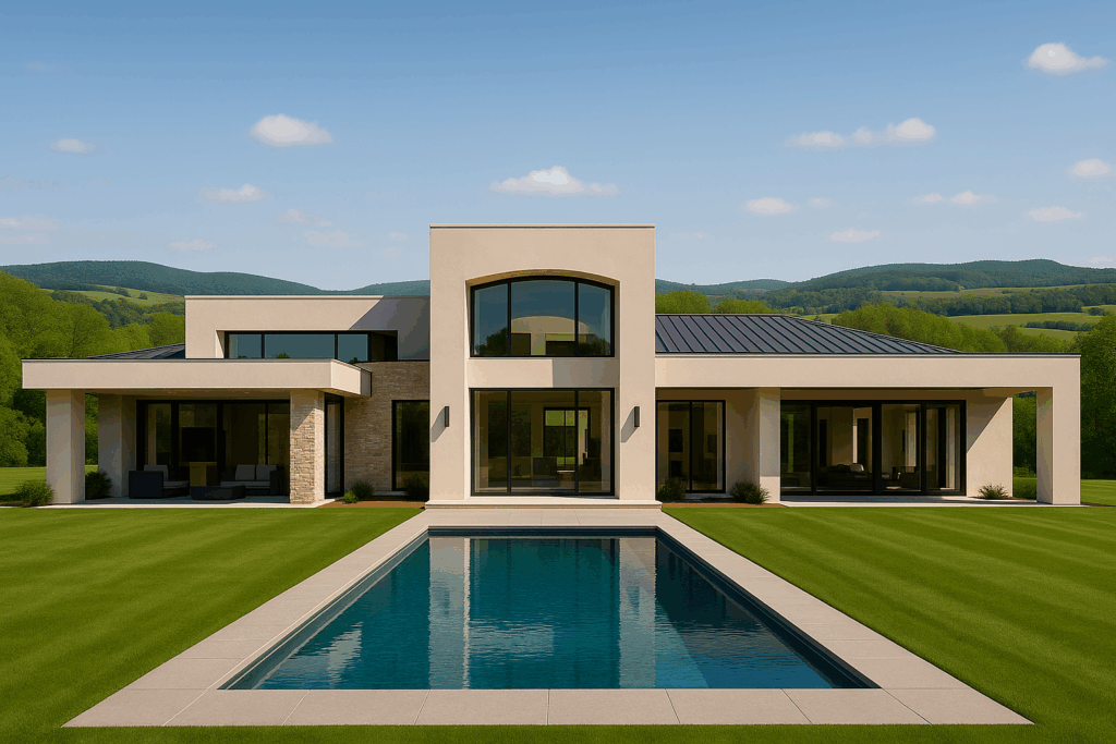 Contemporary custom home in Bragg Creek with pool and modern architecture — ConstructionX, Custom Home Builders in Bragg-Creek