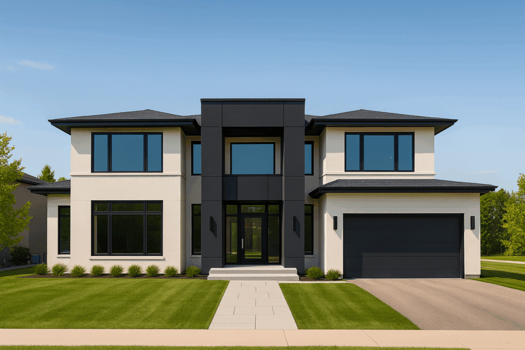 Modern custom home in Bragg Creek with black ACM panels and large windows — ConstructionX, Custom Home Builders in Bragg Creek