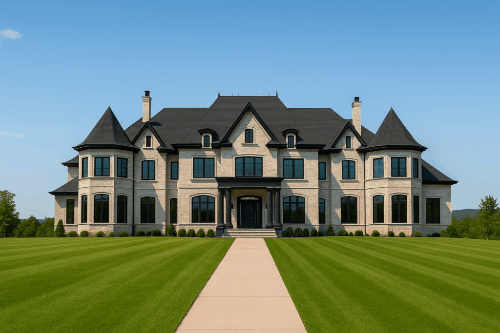 Grand luxury estate mansion in Bragg Creek with stone exterior and black roof — ConstructionX, Custom Home Builders in Bragg Creek