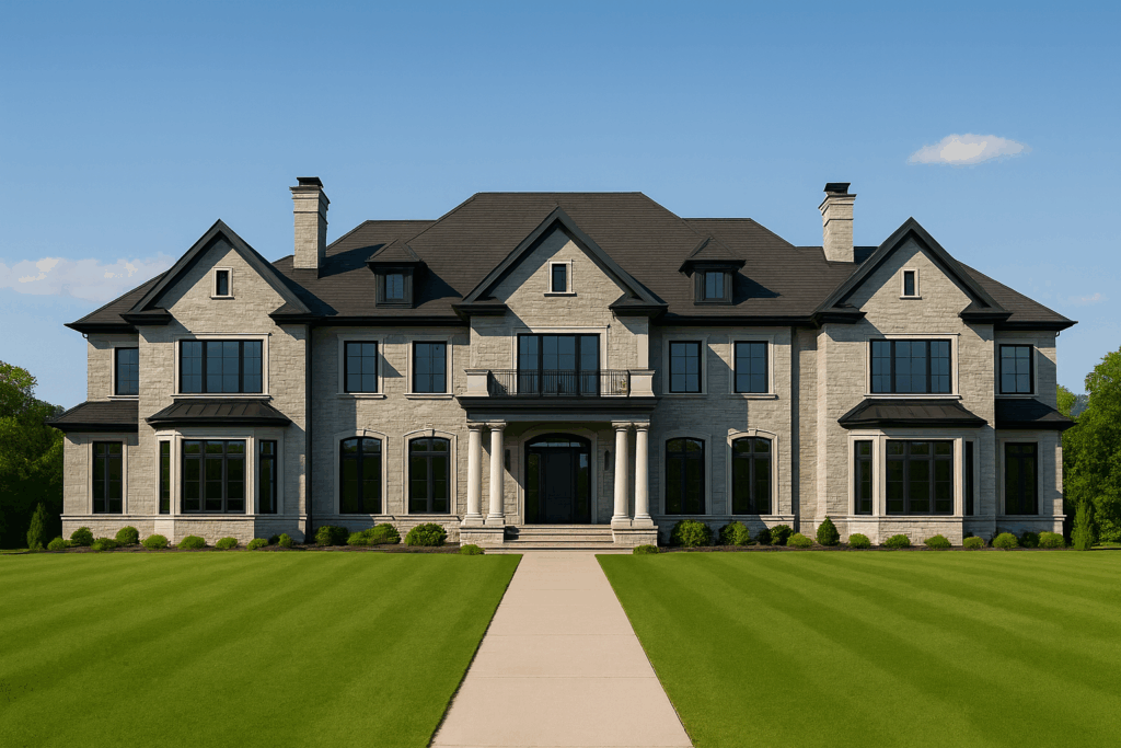 Luxury estate home in Bragg Creek with stone exterior and classical columns — ConstructionX, Custom Home Builders in Bragg Creek