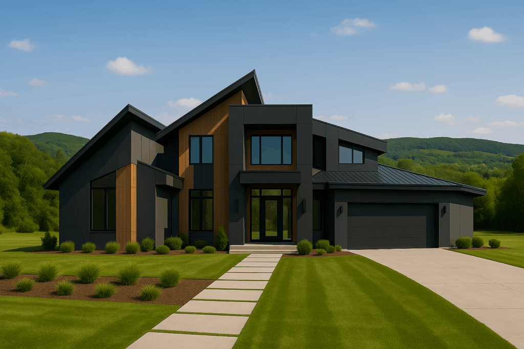 Modern custom home in Bragg Creek with wood and black panel exterior — ConstructionX, Custom Home Builders in Bragg Creek
