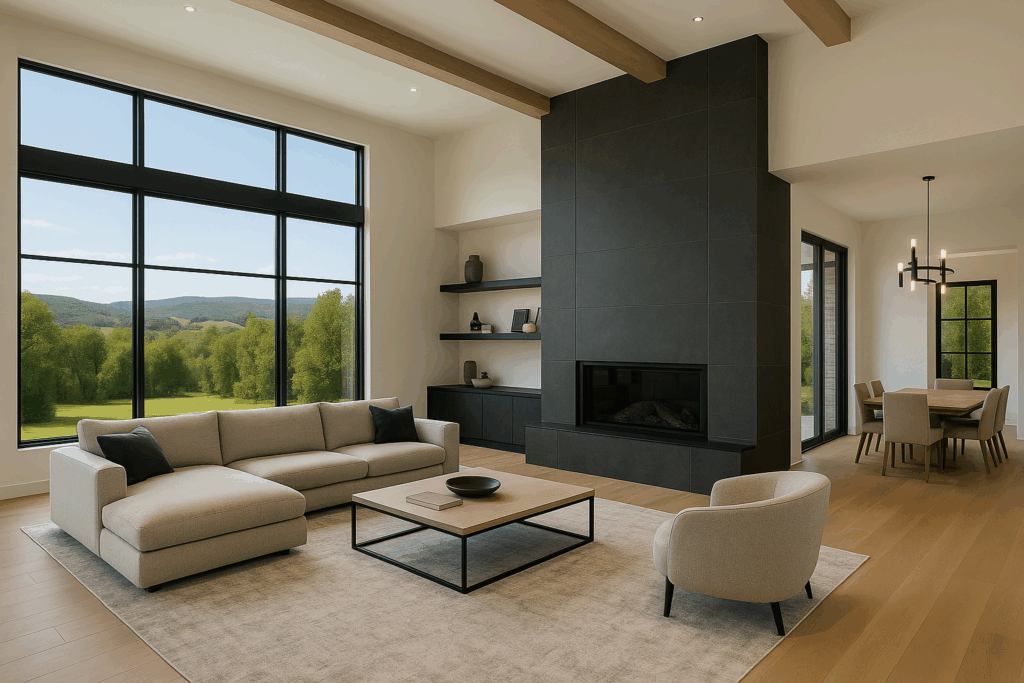 Modern custom home interior in Bragg Creek with large windows, stone fireplace, and open-concept design — ConstructionX, Custom Home Builders in Bragg Creek