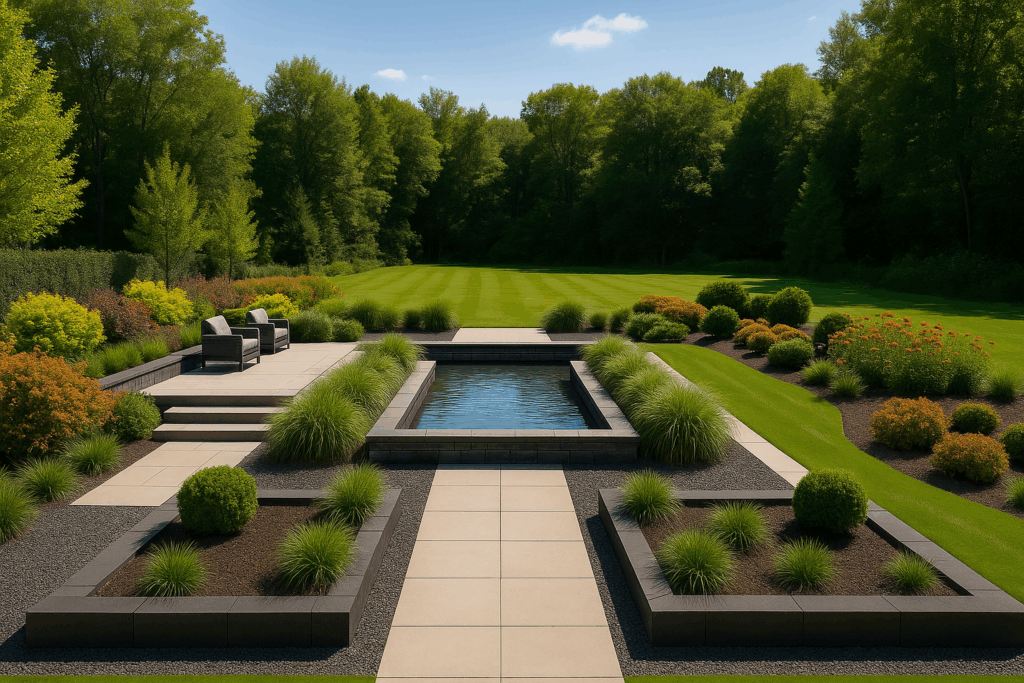 Luxury landscape design with water feature in Bragg Creek — ConstructionX Custom Home Builders in Bragg Creek