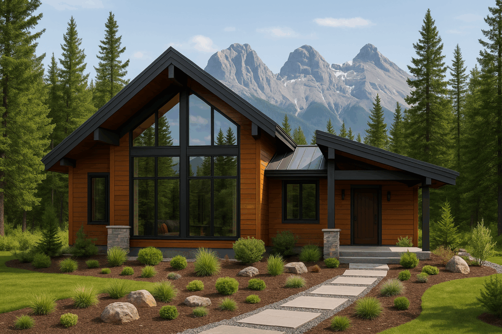 Modern timber cabin with mountain backdrop — Custom Home Builders in Alberta