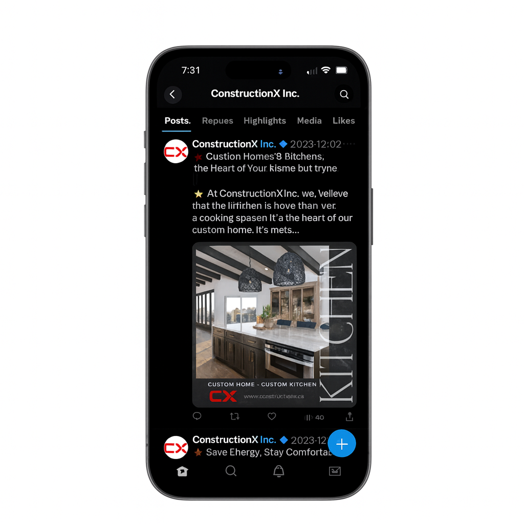ConstructionX Inc. social media post on mobile — Custom Home Builders in Ontario