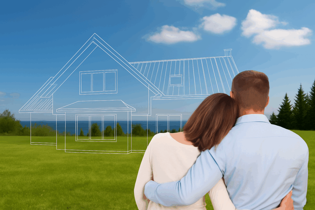 Couple envisioning their dream home with blueprint overlay — Custom Home Builders in Ontario
