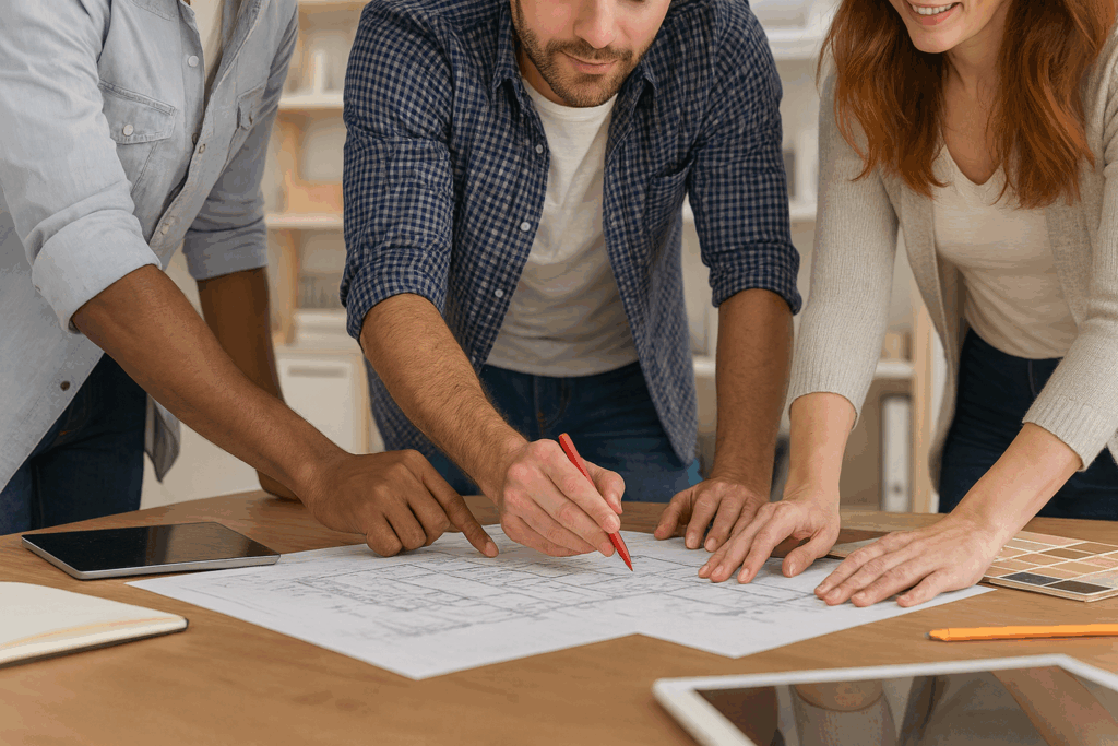 Team collaborating on custom home designs at ConstructionX — Custom Home Builders in Ontario