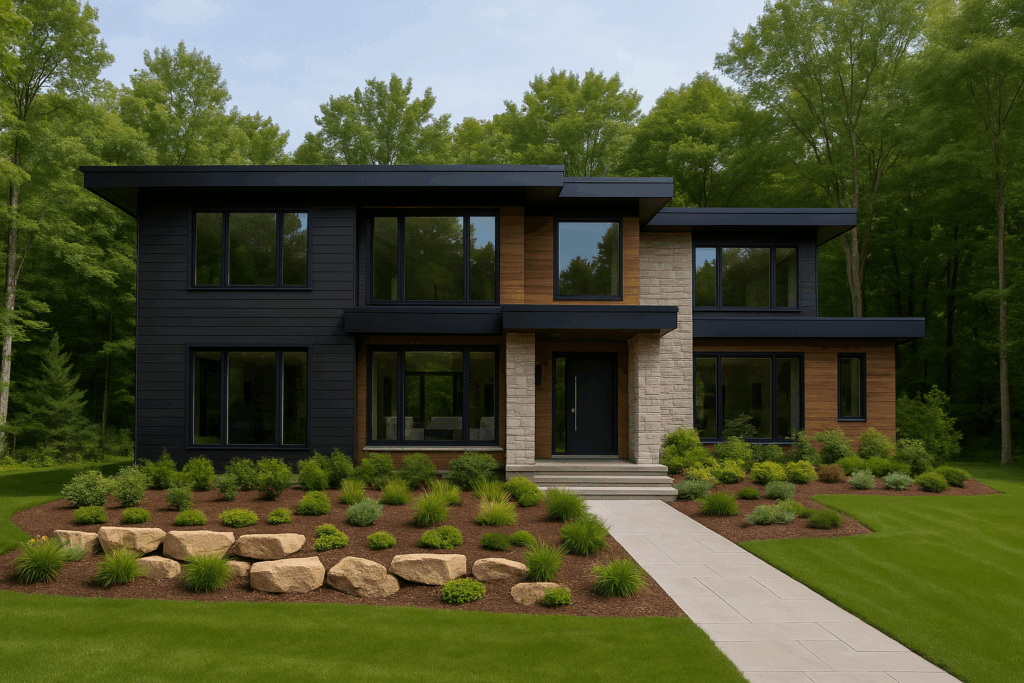 Modern custom home in wooded Ontario lot with clean landscaping — Custom Home Builders in Ontario