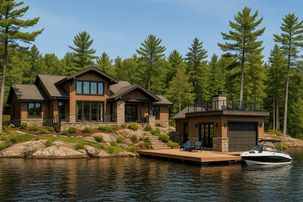 Waterfront custom cottage home in Ontario with boat dock and stone-clad exterior — Custom Home Builders in Ontario