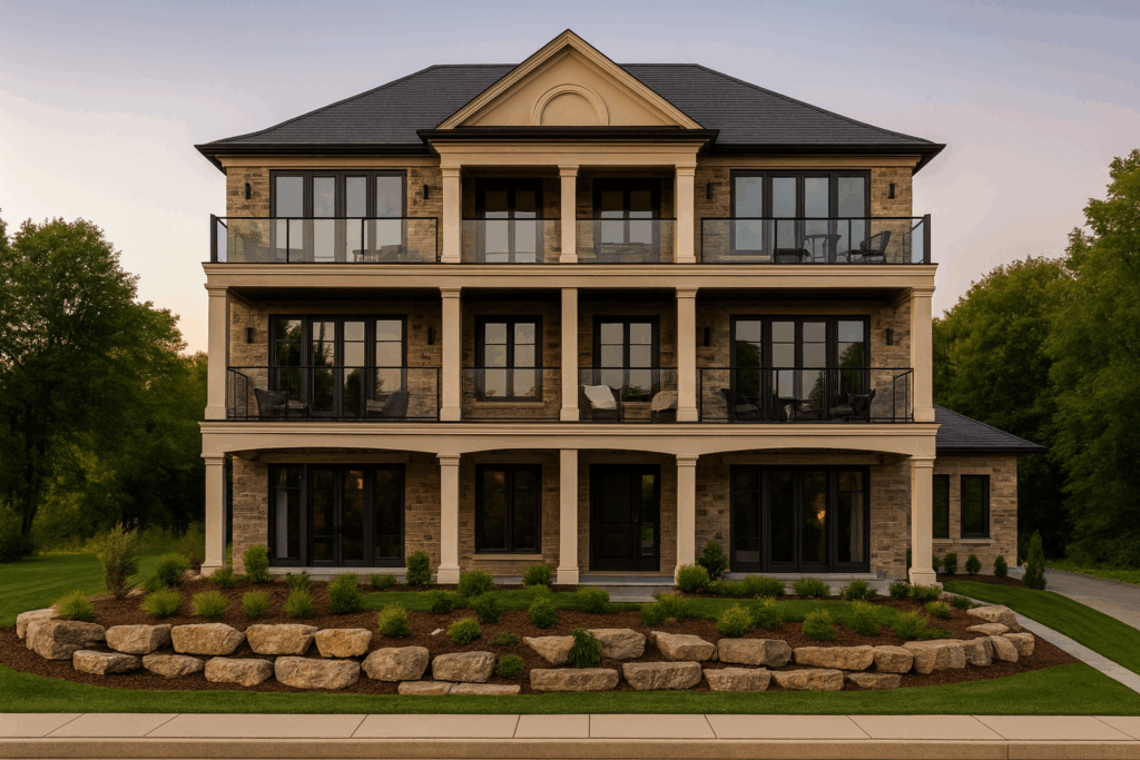 Multi-family custom home in Ontario with stone façade and private balconies — Custom Home Builders in Ontario