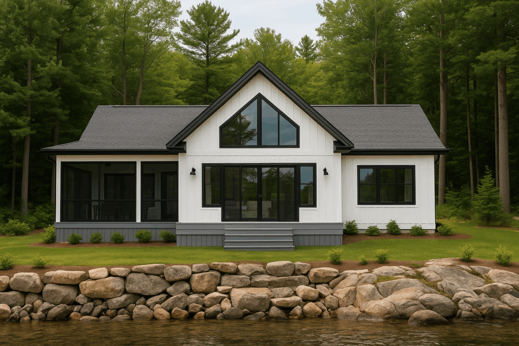Ontario lakefront modern cabin with black-trimmed windows — Custom Home Builders in Ontario