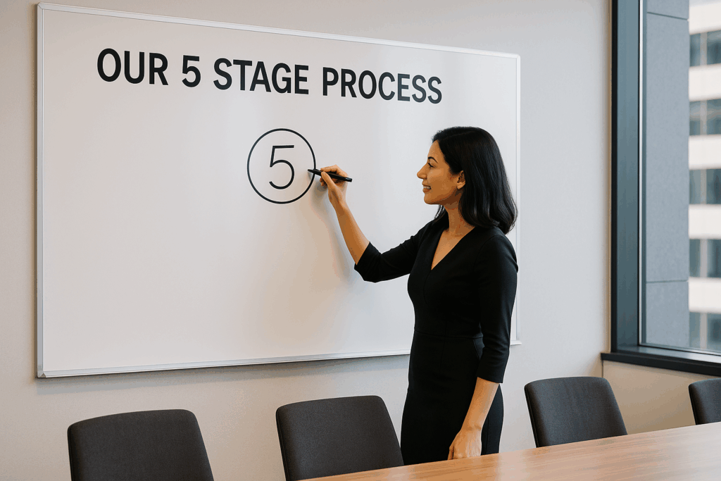 Woman presenting the 5 Stage Process on a whiteboard — ConstructionX custom home builders in Ontario