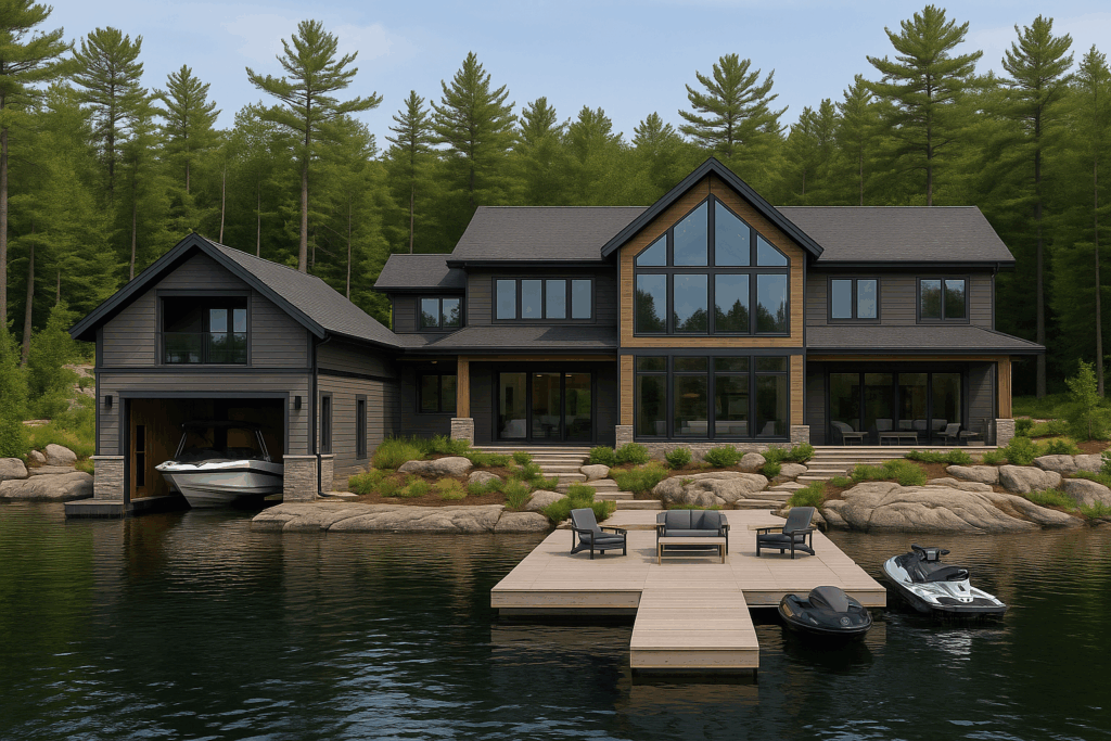 Custom lakeside home in Ontario with boathouse — built by ConstructionX, custom home builders in Ontario