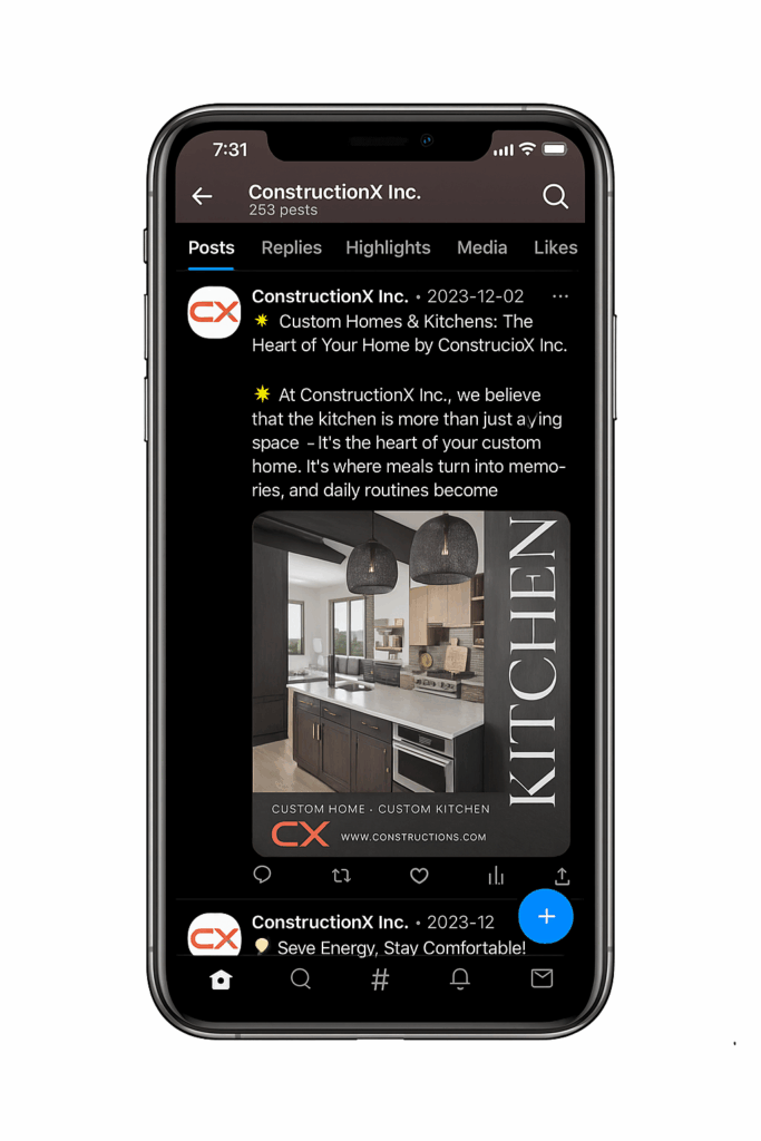 ConstructionX social media post featuring a custom kitchen — Custom Home Builders in Windermere