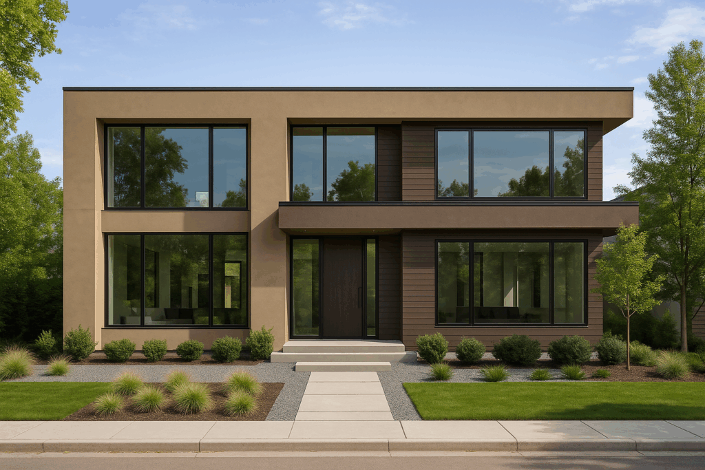 Modern flat-roof custom home exterior with large windows — Custom Home Builders in Sylvan Lake