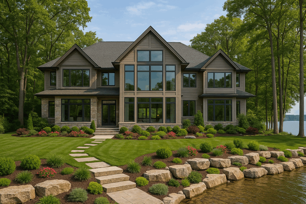 Lakefront luxury custom home with stone landscaping — Custom Home Builders in Sylvan Lake