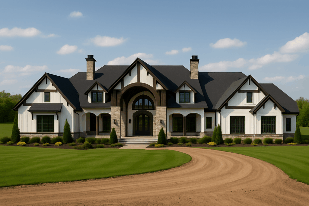 10,000 sq. ft. countryside ranch-style mansion with tall timbers and gables — Custom Home Builders in Sylvan Lake