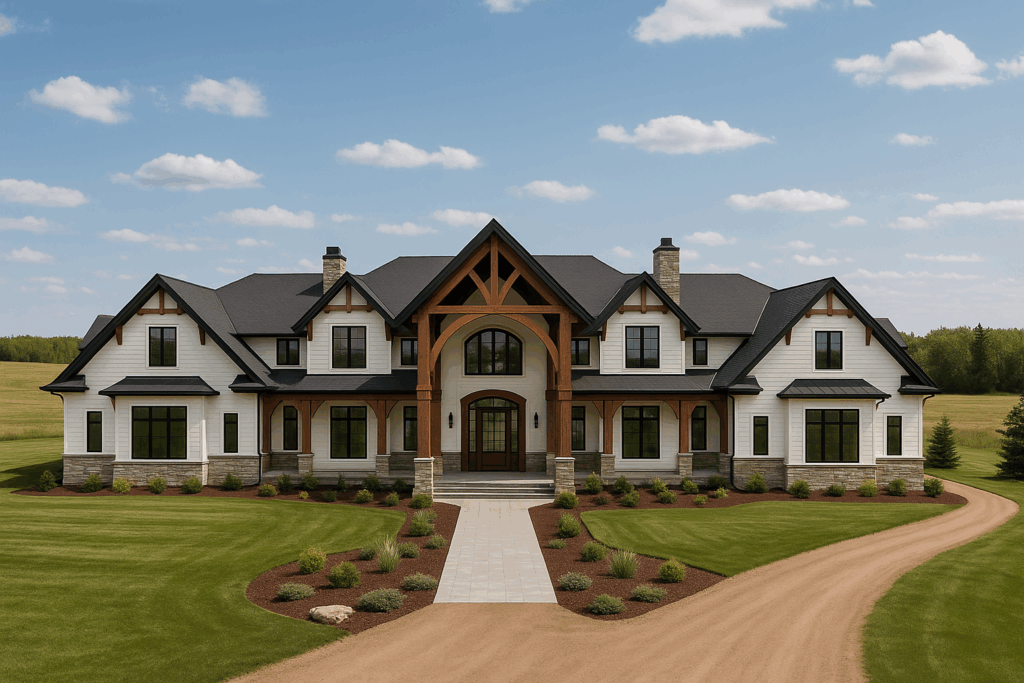Timber-frame ranch-style mansion with black roof and white exterior — Custom Home Builders in Sylvan Lake