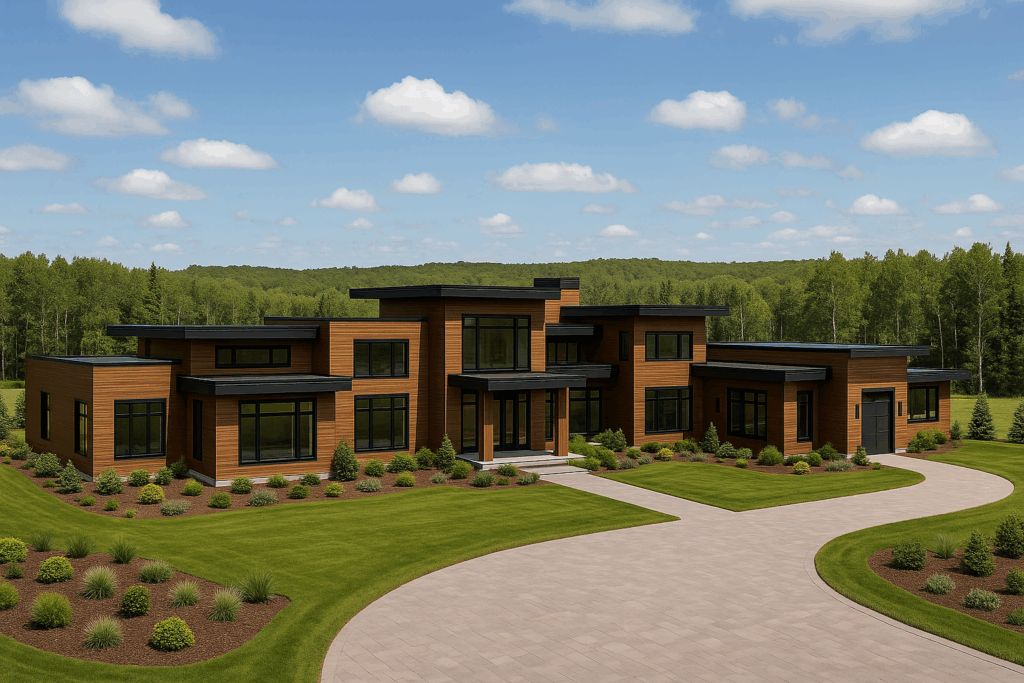 Modern wood-clad countryside estate with flat rooflines — Custom Home Builders in Sylvan Lake